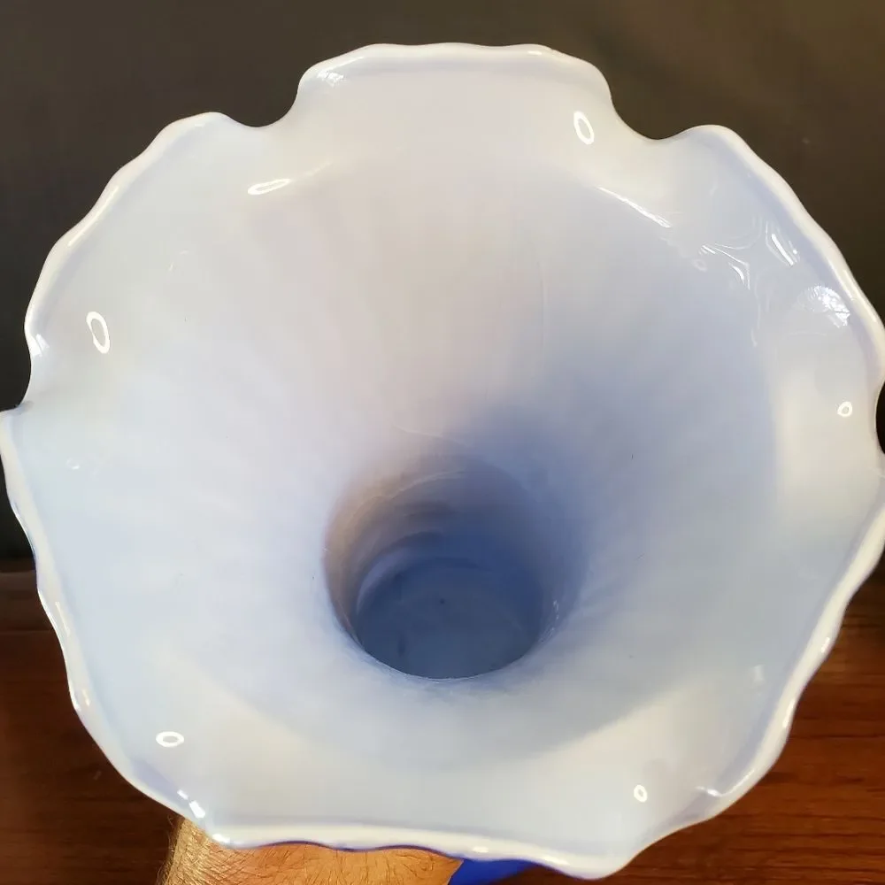 Vintage Lavorazione Arte Italian Murano Blue Blown Ruffled Top Vase